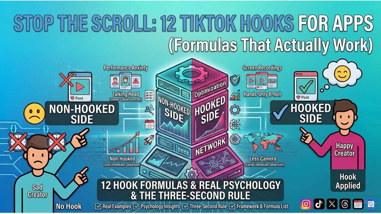 TikTok Hooks That Stop the Scroll: 12 Formulas That Actually Work for Apps — Appsurge guide cover